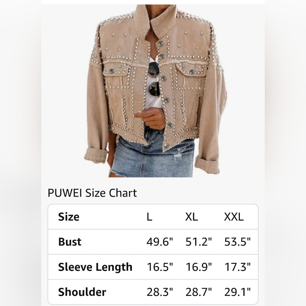 NWT Dressy Rivet Studded Tan Cropped Jean Jacket  Western Distressed - Picture 5 of 9
